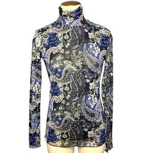 Mesh Sheer Top Long Sleeve Fitted Black Blue Paisley Grunge Y2K Rave Club Sz XS